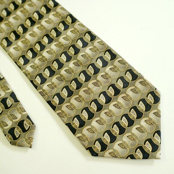 Bergamo New York Beige Green Black Abstract‎ Geometric Print Wide Silk Tie - Picture 1 of 6